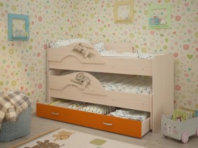 Кровать выкатная Радуга-Сафари детская 1600 Млечный дуб/Оранжевый в Орле - oryol.katalogmebeli.com | фото